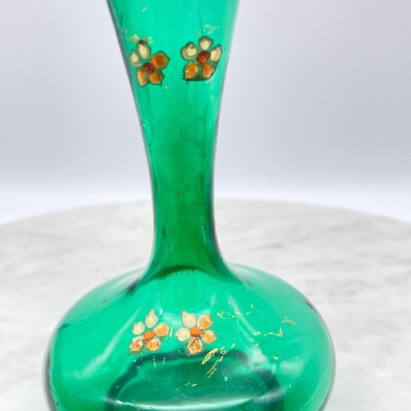 Emerald Green Bohemian Glass Bud Vase Pair Hand Blown Painted Fluted Unique Vint - Picture 5 of 14